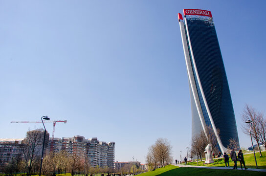 Generali Tower, Lo Storto, The Twisted One is a skyscraper of Milan, Italy. Marh 23, 2022. Architect Zaha Hadid. The building serves as the headquarters of Assicurazioni Generali