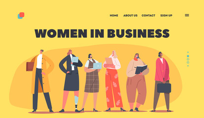 Women in Business Landing Page Template. Confident Female Characters, Disabled or Healthy Caucasian, African, Asian Girl