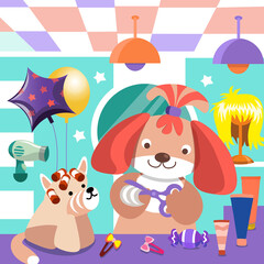 Obraz na płótnie Canvas Funny dogs at barbershop. Cute cartoon characters. Vector illustration for children games, posters, books, puzzles.
