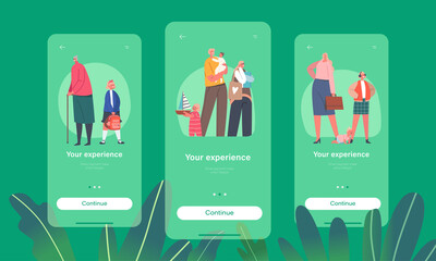 Your Experience Mobile App Page Onboard Screen Template. Grandmother with Little School Girl, Mom with Baby and Toddler