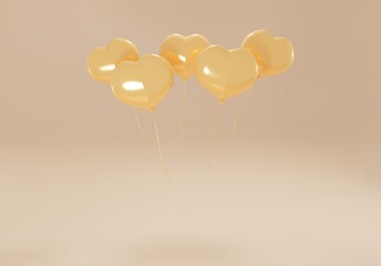 3d golden balloons in the shape of a heart on a cream background. Festive congratulatory concert. 3d realistic illustration