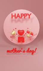 Happy mothers day decoration background with gift box, balloon, heart, 3D rendering illustration