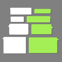 Message bubbles for text chat. Sms, mms, speech box in mobile phone app. Green and blue interface of dialogue. Blank template messenger for conversation or talk. Social speach service. Vector.