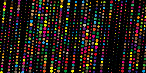 Abstract background of colored dots of different sizes on black background	
