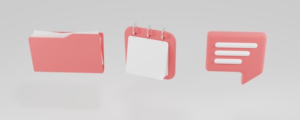 3D Minimal set icons for business. chat bubbles and calendars folder with documents in pink color. concept of social media messages of the business process. 3d render illustration