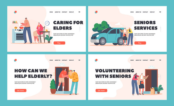 Support, Help Or Assistance To Aged Persons Landing Page Template Set. Caregiver Characters Care Of Elderly People