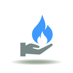 Vector illustration of hand with fire flame. Icon of gas production. Symbol of industry gasoline.
