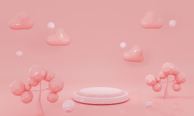 3D cartoon fantasy pink landscape. abstract background with trees and an empty podium. 3d render illustration