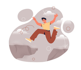 OIvercoming obstacles concept. Guy jumps over cliff. Happy and talented character. Poster or banner for website. Leadership and motivation, talented businessman. Cartoon flat vector illustration