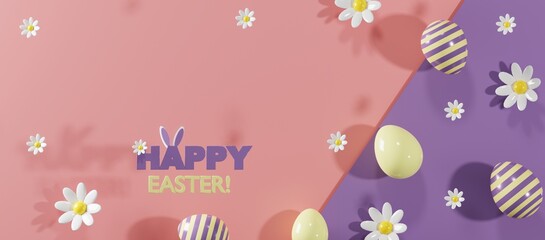 3D Easter greeting card. Happy Easter. Painted Easter eggs and bunny ears. 3d render illustration