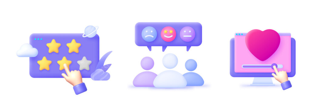 Feedback In 3d Style. Good Feedback Concept. 3d Chat Icon Set. 3d Render Vector Illustration