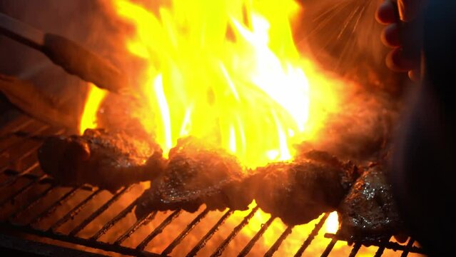 Spicy Chicken Wings Being Grilled Over Bright Glowing Coals of Night Time Broasting On Fire. Night Party Barbecue. Outdoor Cooking. Cook Prepares Oriental Dish In Kitchen. Junk Food, Healthy Lifestyle