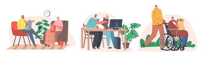 Volunteers Young Characters Help to Old and Disabled People. Woman Read Newspaper to Senior Lady, Walk on Wheelchair