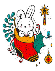 Cute cartoon bunny wearing a Christmas sock. Doodle illustration of a rabbit. Print for postcard or poster.