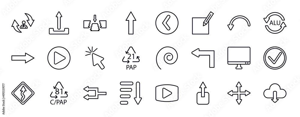 Poster user interface editable line icons set. user interface thin line icons collection. repaying, upload 