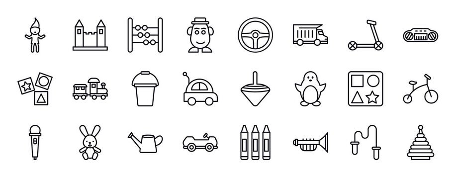 toys editable line icons set. toys thin line icons collection. troll toy, castle toy, abacus toy, mrs potato steering wheel dump truck scooter vector illustration.