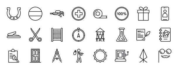 miscellaneous editable line icons set. miscellaneous thin line icons collection. horseshoes, german, flame thrower, swiss, adhesive tape, 100 percent, wrapped gift vector illustration.