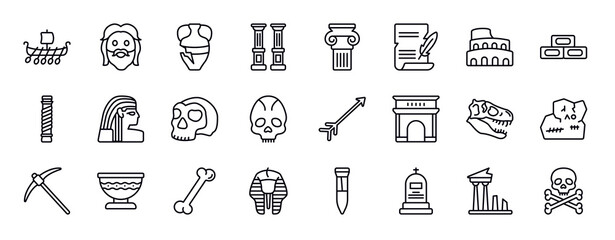 history editable line icons set. history thin line icons collection. viking ship, face, archaeological, columns, , poster, colosseum vector illustration. - obrazy, fototapety, plakaty