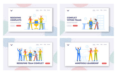 Team Conflict Landing Page Template Set. Business Men and Women Enemies Opponents Arguing and Staring Each Other