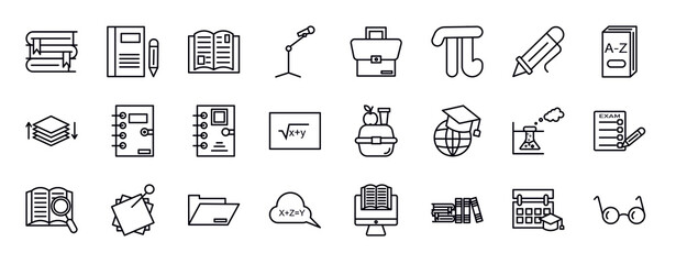 education editable line icons set. education thin line icons collection. stack of books, closed book with marker, reading an open book, microphone with stand, case, pi, ballpoint pen vector. - obrazy, fototapety, plakaty