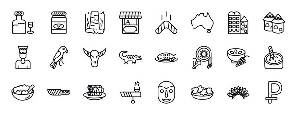 culture editable line icons set. culture thin line icons collection. orujo, vegemite, maletsunyane, food stall, australian boomerang, australian continent, bo kaap vector illustration.