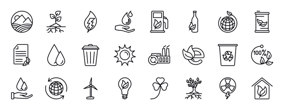 ecology editable line icons set. ecology thin line icons collection. landscape image, plant and root, eco energy, raindrop on a hand, bio fuel, recycled bottle, eco vector illustration.