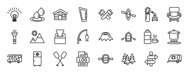 camping editable line icons set. camping thin line icons collection. lamp, water, cabin, carabiner, hatchet, canoe, firewood vector illustration.