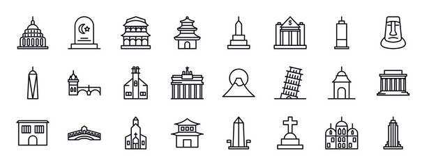 buildings editable line icons set. buildings thin line icons collection. capitol building, islamic cemetery, chinese temple, buddhist temple, buddist cemetery, reserve bank, trade center vector. © IconArt