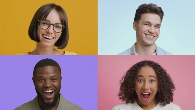 Collage of young happy multiethnic men and women laughing over colorful background, expressing positivity, slow motion
