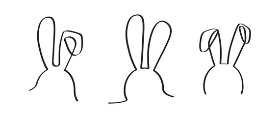 Easter bunny continuous one line vector icon, drawing rabbit outline cute animal, minimal contour ears hare, doodle element face, black silhouettes set. Funny simple illustration