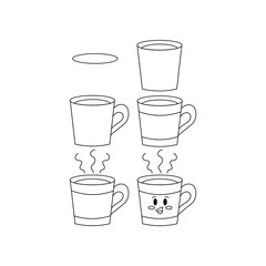 Draw a coffee mug step by step. Tutorial on drawing a coffee mug. Drawing lessons for children. Vector illustration