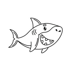 Shark. A black and white cartoon character of an ocean fish. children's drawing