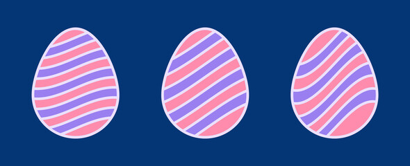 Fototapeta premium Set of Easter Egg Illustrations. Flat Style Easter Eggs with Stripe Patterns Isolated on Blue Background