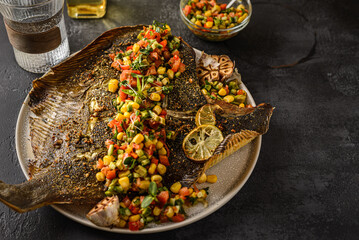 flounder baked with vegetables on a black background