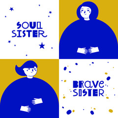 Friendship day, students, sister, teenager concept. Team young, lovely, beautiful friends woman smiling lying on their back. Simple flat vector
