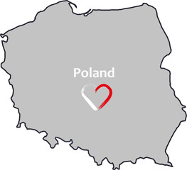 Contour Poland state borders with gray colour; Lines vector map with white-red heart in national flag colours on white backgroud