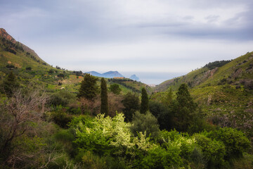 Fototapeta na wymiar Sicilian Italian Coastal Hill Spring Landscape in Europe on a lovely day