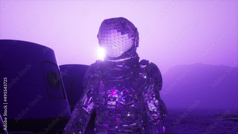 Wall mural cosmos concept. a diamond astronaut walks across mars against the backdrop of a space base. purple c