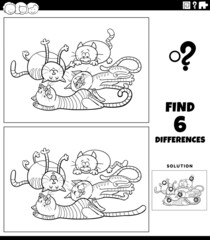 differences game with cartoon sleeping cats coloring book page