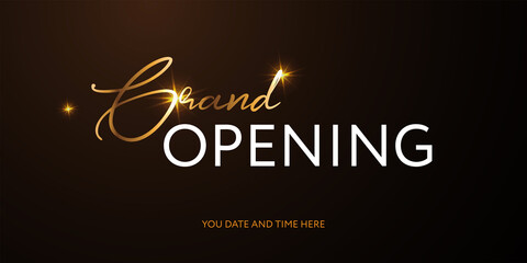 Grand opening. Vector illustration in luxury style. Gold glowing lettering on dark brown background