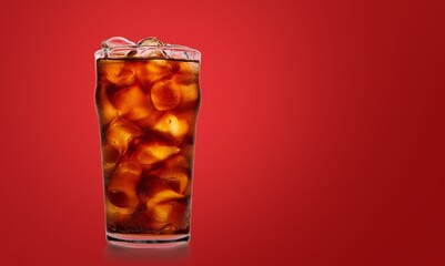 caramel drink, no cola, with ice. Fresh cold sweet drink with ice cubes on red background.