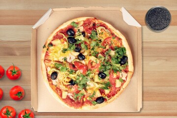 Pizza with cheese, tomato sauce and basil on table, top view