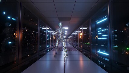 The diamond robot is dancing on the background of the server room. Dancer. Neon light. 3d animation of seamless loop - Powered by Adobe