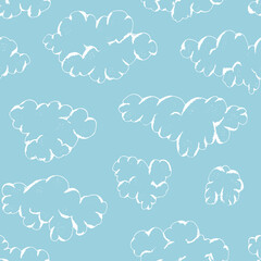 Cute seamless pattern with hand drawn outline white clouds on blue sky. Tender cloudscape pattern for kids textile, wrapping paper, weather surface design, background