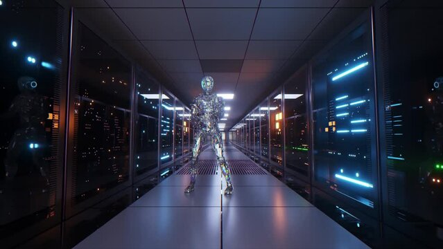 The diamond robot is dancing on the background of the server room. Dancer. Neon light. 3d animation of seamless loop