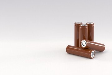 5 brown cylindrical batteries on a light gray background. Storage battery or secondary cell....