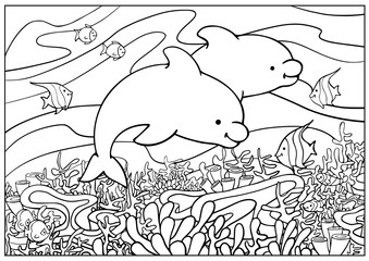 Coloring page with outline drawing sea animals cute dolphins and fishes. Vector line illustration underwater.