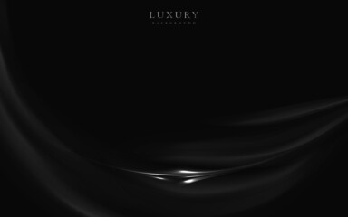 Abstract luxury dark black and silver background. Wavy silk fabric texture. Premium backdrop design.