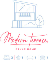 Line icon of a Modern Terrace style home with a hand written font and icons for bed bath living car