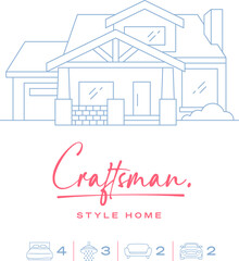 Line icon of a Craftsman style home with a hand written font and icons for bed bath living car